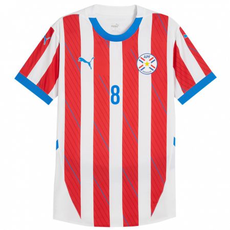 Kandiny Gyermek Paraguay Damián Bobadilla #8 Fehér Piros Hazai Jersey 24-26 Mez Póló Ing