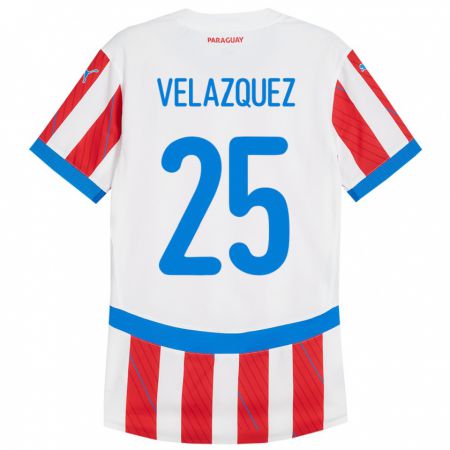 Kandiny Gyermek Paraguay Gustavo Velázquez #25 Fehér Piros Hazai Jersey 24-26 Mez Póló Ing