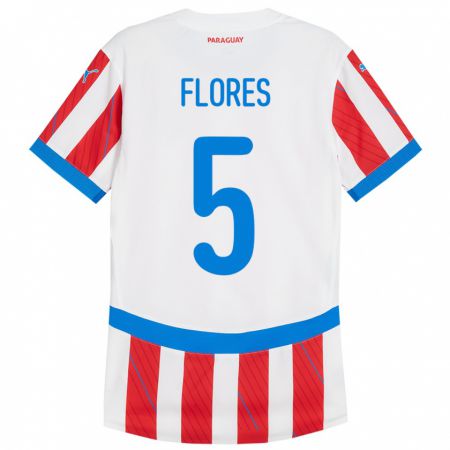 Kandiny Gyermek Paraguay Gilberto Flores #5 Fehér Piros Hazai Jersey 24-26 Mez Póló Ing