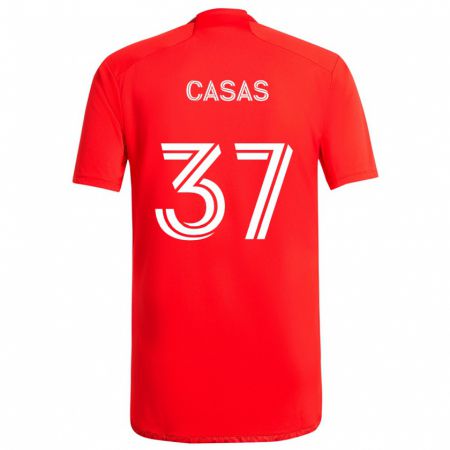 Kandiny Gyermek Javier Casas #37 Piros Fehér Hazai Jersey 2024/25 Mez Póló Ing