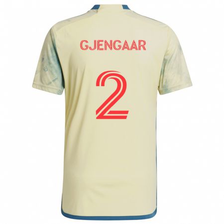 Kandiny Gyermek Dennis Gjengaar #2 Sárga Piros Kék Hazai Jersey 2024/25 Mez Póló Ing