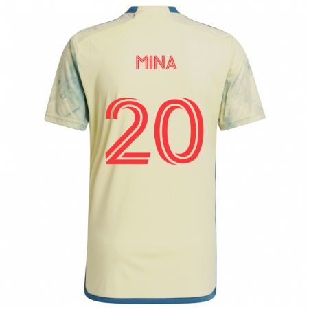 Kandiny Gyermek Juan Mina #20 Sárga Piros Kék Hazai Jersey 2024/25 Mez Póló Ing