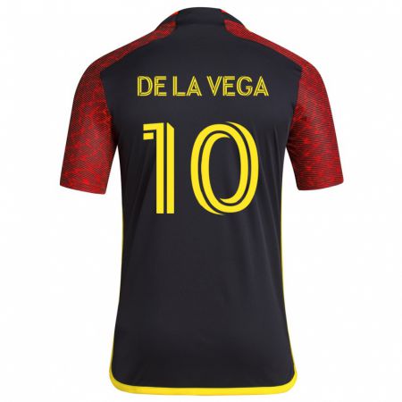 Kandiny Gyermek Pedro De La Vega #10 Piros Fekete Idegenbeli Jersey 2024/25 Mez Póló Ing