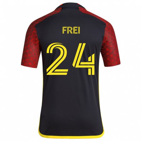 Kandiny Gyermek Stefan Frei #24 Piros Fekete Idegenbeli Jersey 2024/25 Mez Póló Ing