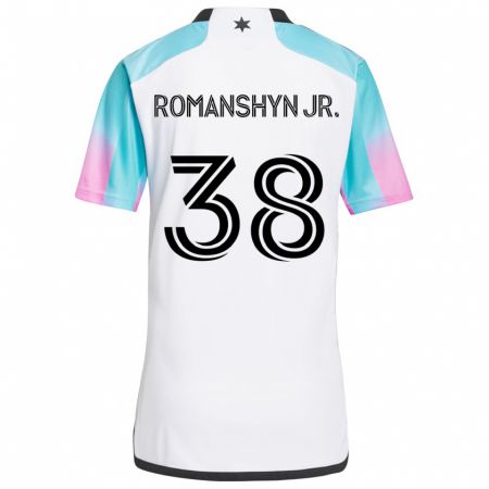 Kandiny Gyermek Kage Romanshyn Jr. #38 Fehér Kék Fekete Idegenbeli Jersey 2024/25 Mez Póló Ing