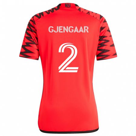 Kandiny Gyermek Dennis Gjengaar #2 Piros Fekete Fehér Idegenbeli Jersey 2024/25 Mez Póló Ing