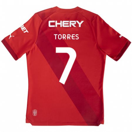 Kandiny Gyermek Joaquín Torres #7 Piros Fehér Idegenbeli Jersey 2024/25 Mez Póló Ing