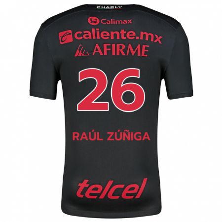 Kandiny Gyermek José Raúl Zúñiga #26 Fekete Piros Hazai Jersey 2024/25 Mez Póló Ing