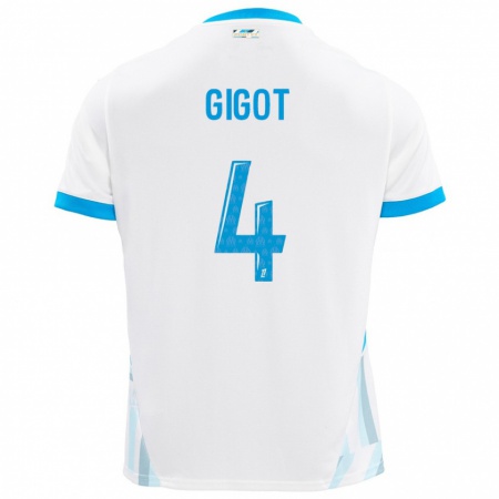 Kandiny Gyermek Samuel Gigot #4 Fehér Ég Kék Hazai Jersey 2024/25 Mez Póló Ing