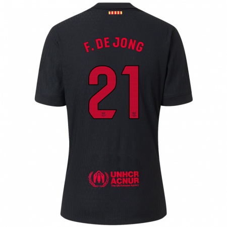 Kandiny Gyermek Frenkie De Jong #21 Fekete Piros Idegenbeli Jersey 2024/25 Mez Póló Ing