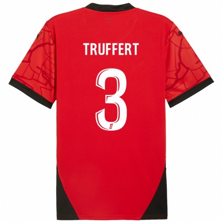 Kandiny Gyermek Adrien Truffert #3 Piros Fekete Hazai Jersey 2024/25 Mez Póló Ing