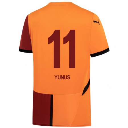 Kandiny Gyermek Yunus Akgün #11 Sárga Piros Hazai Jersey 2024/25 Mez Póló Ing