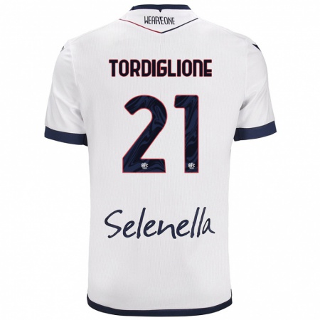 Kandiny Gyermek Nicolò Tordiglione #21 Fehér Royal Blue Idegenbeli Jersey 2024/25 Mez Póló Ing