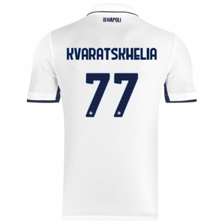 Kandiny Gyermek Khvicha Kvaratskhelia #77 Fehér Royal Blue Idegenbeli Jersey 2024/25 Mez Póló Ing