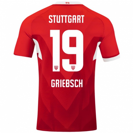 Kandiny Gyermek Lukas Griebsch #19 Piros Fehér Idegenbeli Jersey 2024/25 Mez Póló Ing