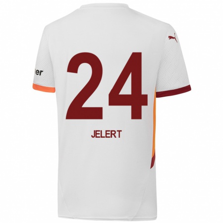 Kandiny Gyermek Elias Jelert #24 Fehér Sárga Piros Idegenbeli Jersey 2024/25 Mez Póló Ing