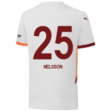 Kandiny Férfi Victor Nelsson #25 Fehér Sárga Piros Idegenbeli Jersey 2024/25 Mez Póló Ing