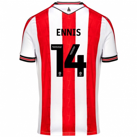 Kandiny Gyermek Niall Ennis #14 Piros Fehér Hazai Jersey 2024/25 Mez Póló Ing