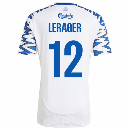 Kandiny Gyermek Lukas Lerager #12 Fehér Ég Kék Hazai Jersey 2024/25 Mez Póló Ing