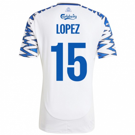 Kandiny Gyermek Marcos López #15 Fehér Ég Kék Hazai Jersey 2024/25 Mez Póló Ing