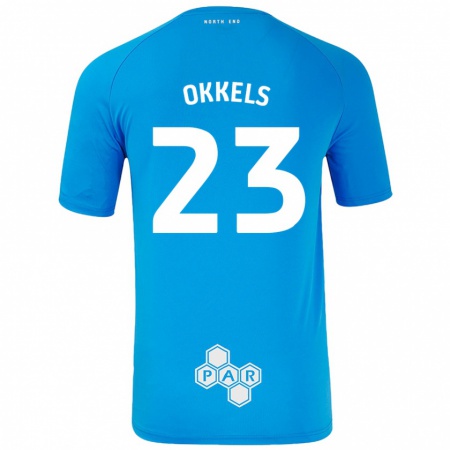 Kandiny Gyermek Jeppe Okkels #23 Égszínkék Idegenbeli Jersey 2024/25 Mez Póló Ing